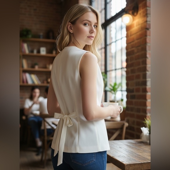 Clifford & Wills Tops - VINTAGE CIIFFORD & WILLIS CREAM VEST TAILORED V-NECK GOLD FLORAL EMBROIDERY TOP